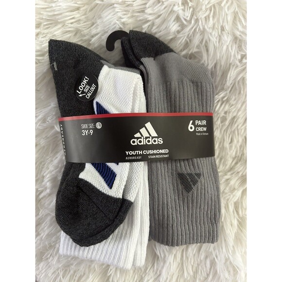 New ADIDAS 3Y-9 Shoe Size Large 6 Pair Crew Socks - Picture 1 of 3